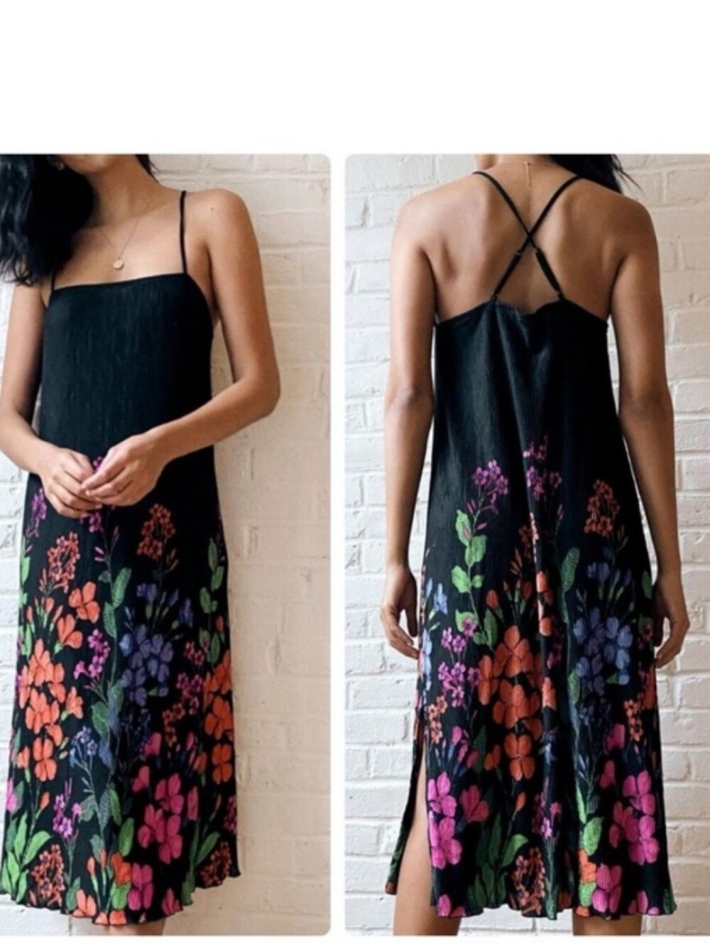 Anthropologie Black Floral Slip Dress with Strappy Back Medium
